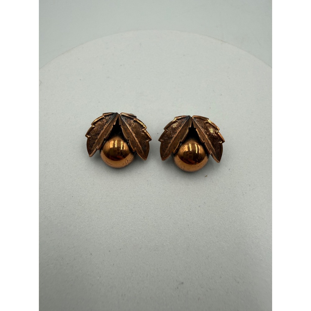 Vintage Copper by Bell Acorn Leaf Clip On Earrings Mid Century Botanical Jewelry